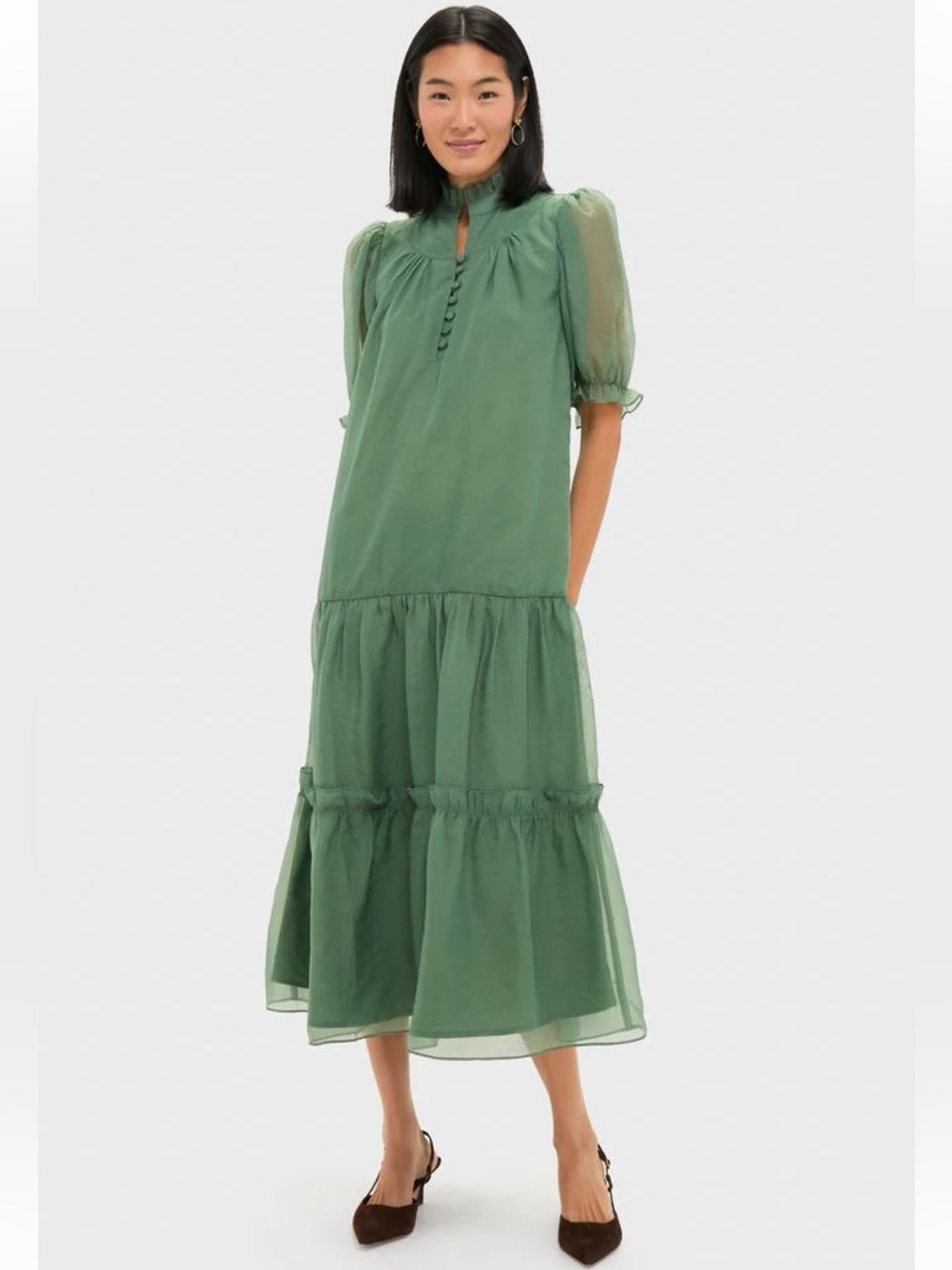 Pomander Place Tuckernuck NWT Small Green Chiffon Selena Midi Dress Short Sleeve